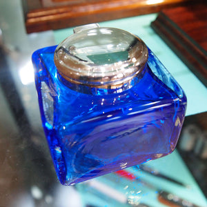 Cobalt blue crystal inkwell with silver plated hinged lid