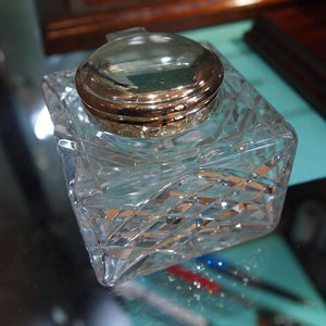 Cut Crystal inkwell with silver plated hinged top