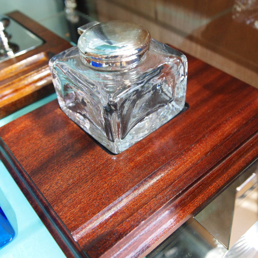 antique crystal inkwell with silver plated hinged lid on base