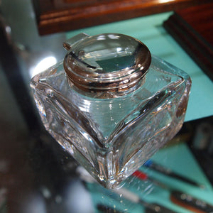 antique crystal inkwell with silver plated hinged lid