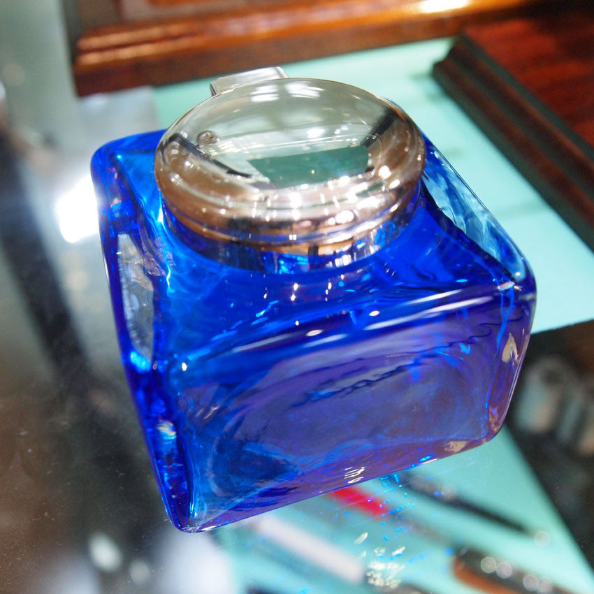 Cobalt blue crystal inkwell with silver plated hinged lid