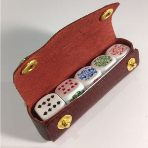 Cathian poker dice burgundy top open showing dice
