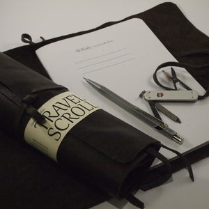 Travel Scroll showing closed and open with pen and victorinox penknife