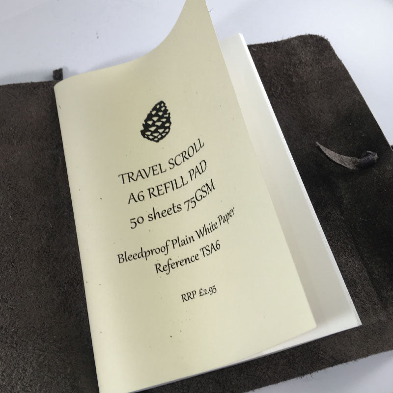 Travel Scroll Aubergine showing A6 refill pad
